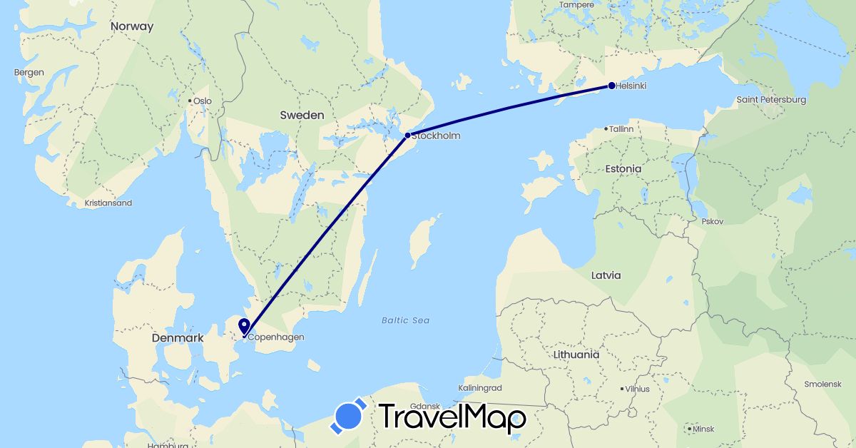 TravelMap itinerary: driving in Denmark, Finland, Sweden (Europe)